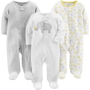 Carter’s Giraffe, Elephant, Chick Neutral Zip Sleep & Plays Set of 3 New